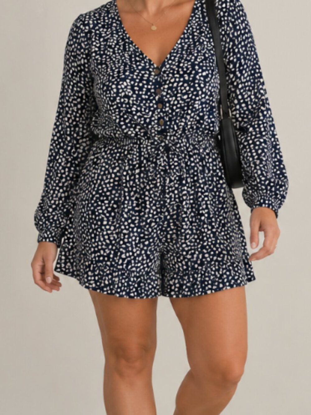 HUSH Navy & Cream Dot Print Button Front Romper